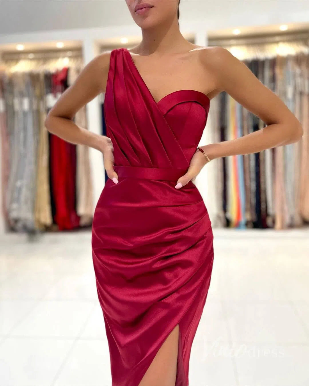 One Shoulder Pleated Cocktail Dress Satin Midi Prom Dress with Slit SD1413-Homecoming Dresses 2025 -Viniodress-Emerald Green-Custom Size-