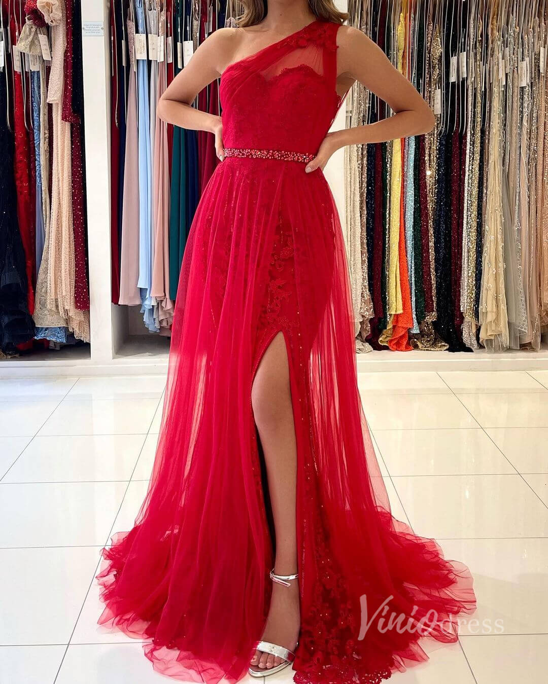 One Shoulder Red Lace Prom Dress Tulle Overskirt Evening Dress FD2839 Viniodress One Shoulder Red Lace Prom Dress Tulle Overskirt Evening Dress FD2839 Viniodress