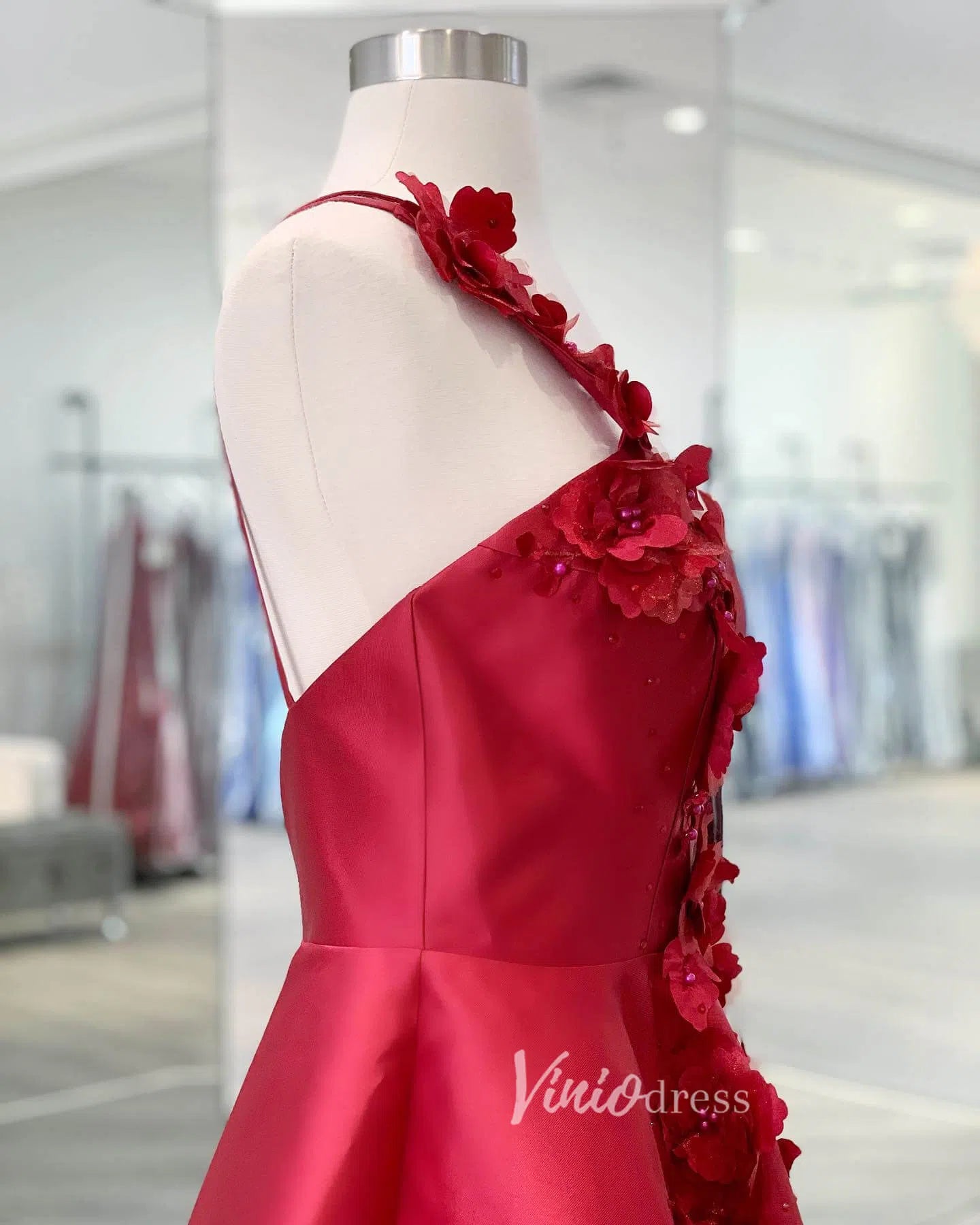 One Shoulder Red Satin Homecoming Dress with 3D Flower & Pockets SD1011-Homecoming Dresses 2025 -Viniodress-Red-Custom Size-
