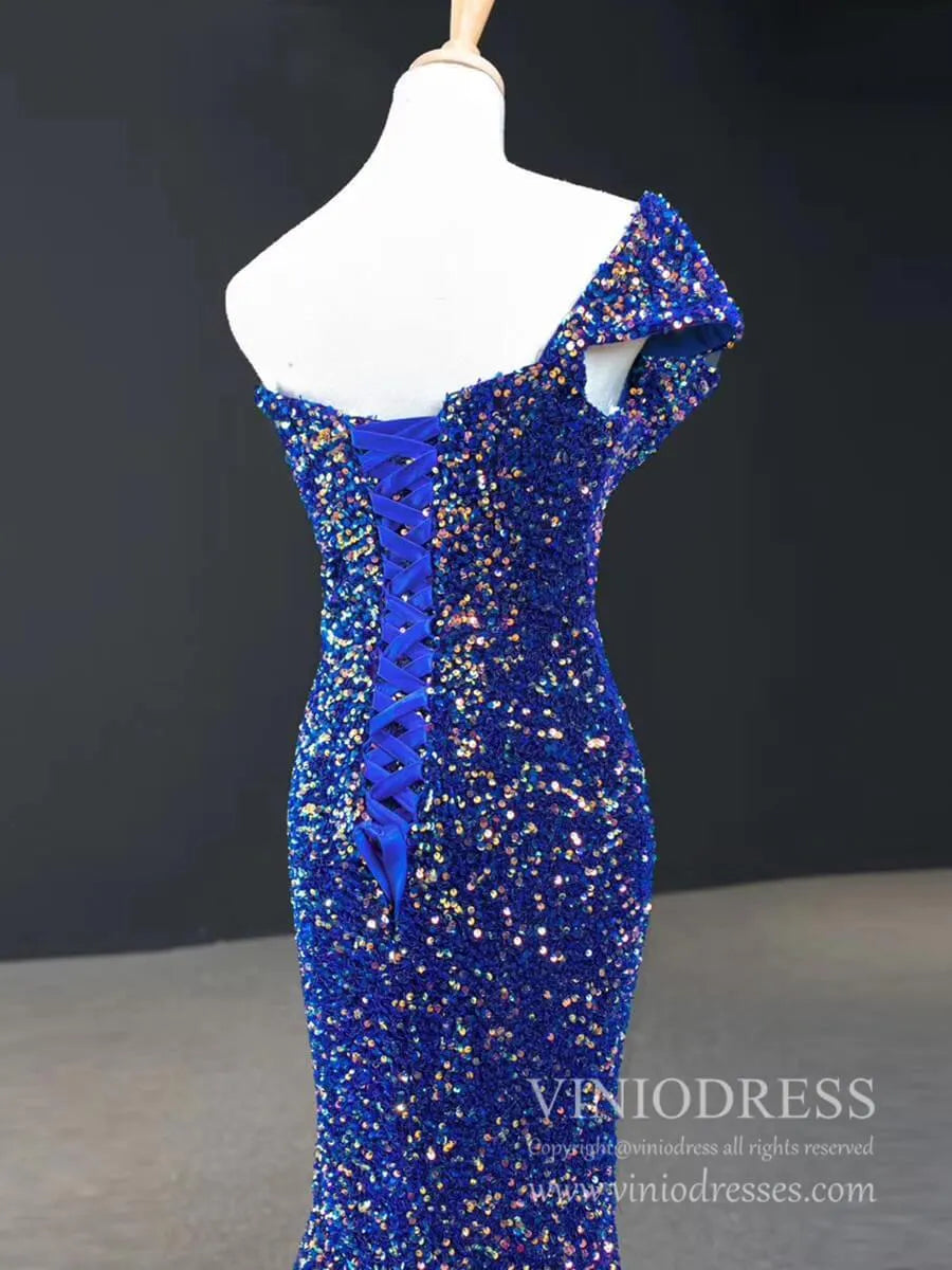 One Shoulder Royal Blue Mermaid Formal Dresses Ruffled Bust Prom Dress FD2398-prom dresses 2025 -Viniodress-Royal Blue-Custom Size-