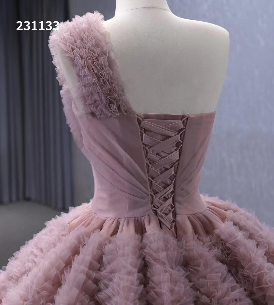 One Shoulder Ruffle Ball Gown Luxury Princess Quinceanera Dress Dusty Rose 231133-Quinceanera Dresses 2025 -Viniodress-Dusty Rose-Custom Size-