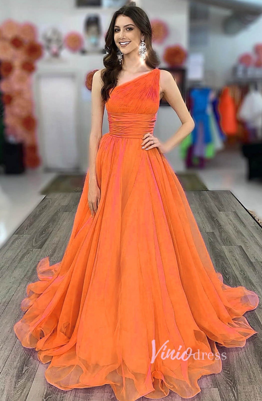 Orange Chiffon Prom Dresses One Shoulder Evening Gown FD2759 Viniodress Orange Chiffon Prom Dresses One Shoulder Evening Gown FD2759 Viniodress