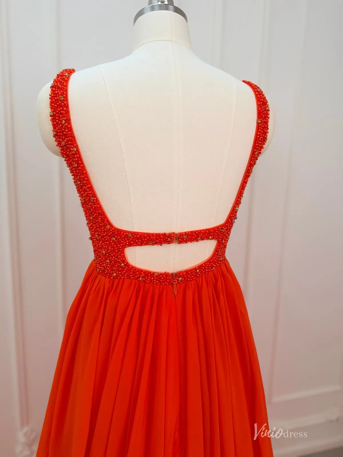 Orange Chiffon Prom Dresses with Slit Beaded Bodice Plunging V-Neck FD3992-prom dresses 2026-Viniodress-Orange-Custom Size – Add Measurements in Cart-