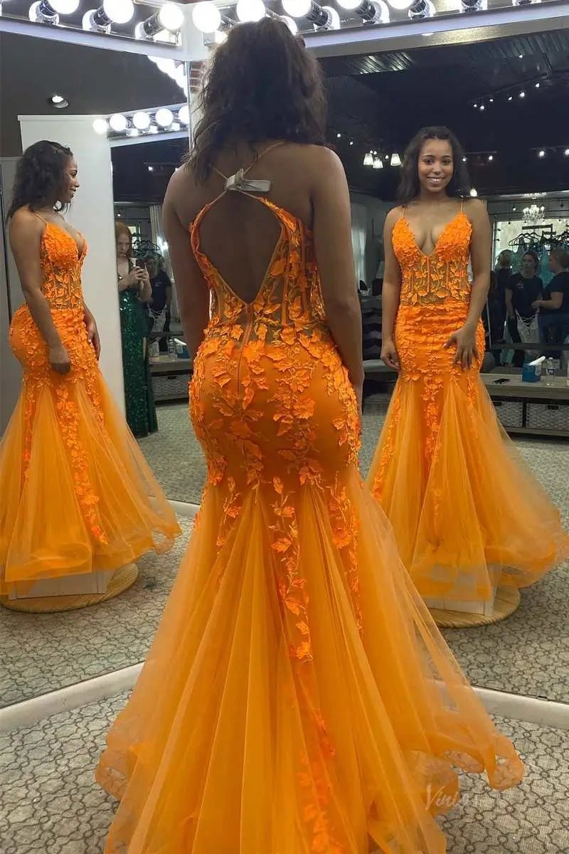 Orange Lace Mermaid Prom Dresses 2025 with Spaghetti Strap & Sheer Boned Bodice – FD5101-prom dresses 2025 -Viniodress-Orange-Custom Size-