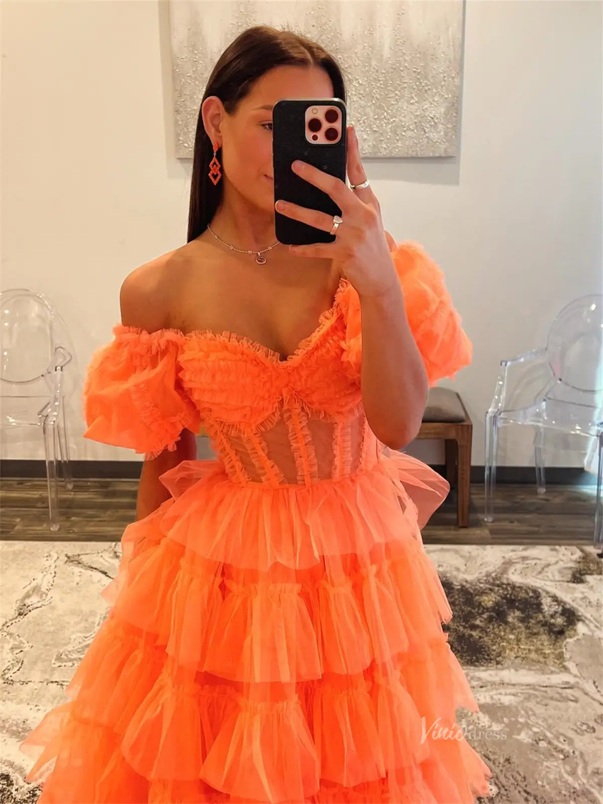 Orange Pleated Tulle Ruffled Prom Dresses with Slit & Puffed Sleeve - FD3747-prom dresses 2025 -Viniodress-Orange-Custom Size-