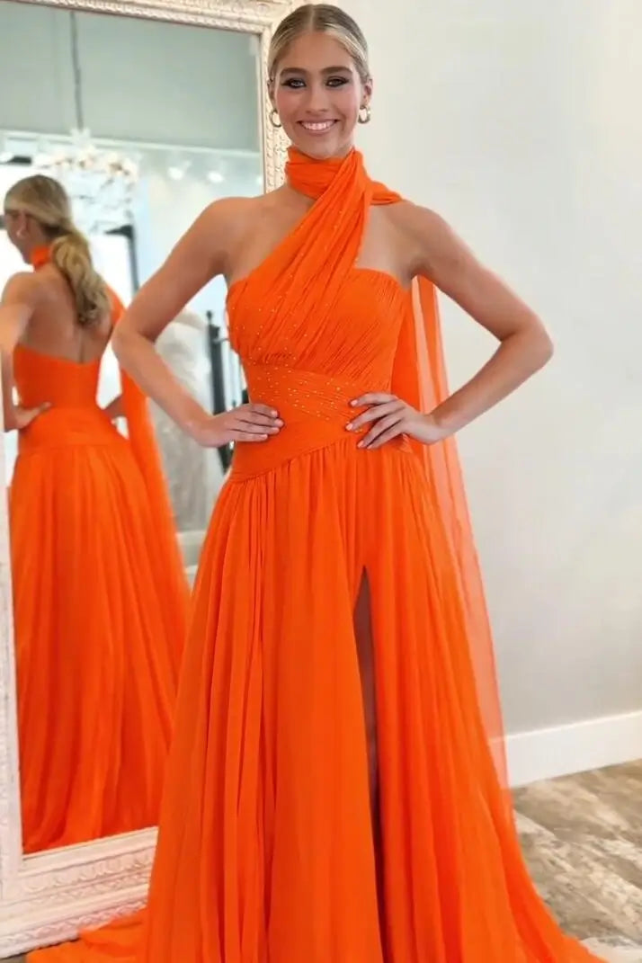 Orange Scarf-Neck Chiffon Prom Dress with Pleated Bodice & High Slit – AE2001-prom dresses 2026-Viniodress-Orange-Custom Size-