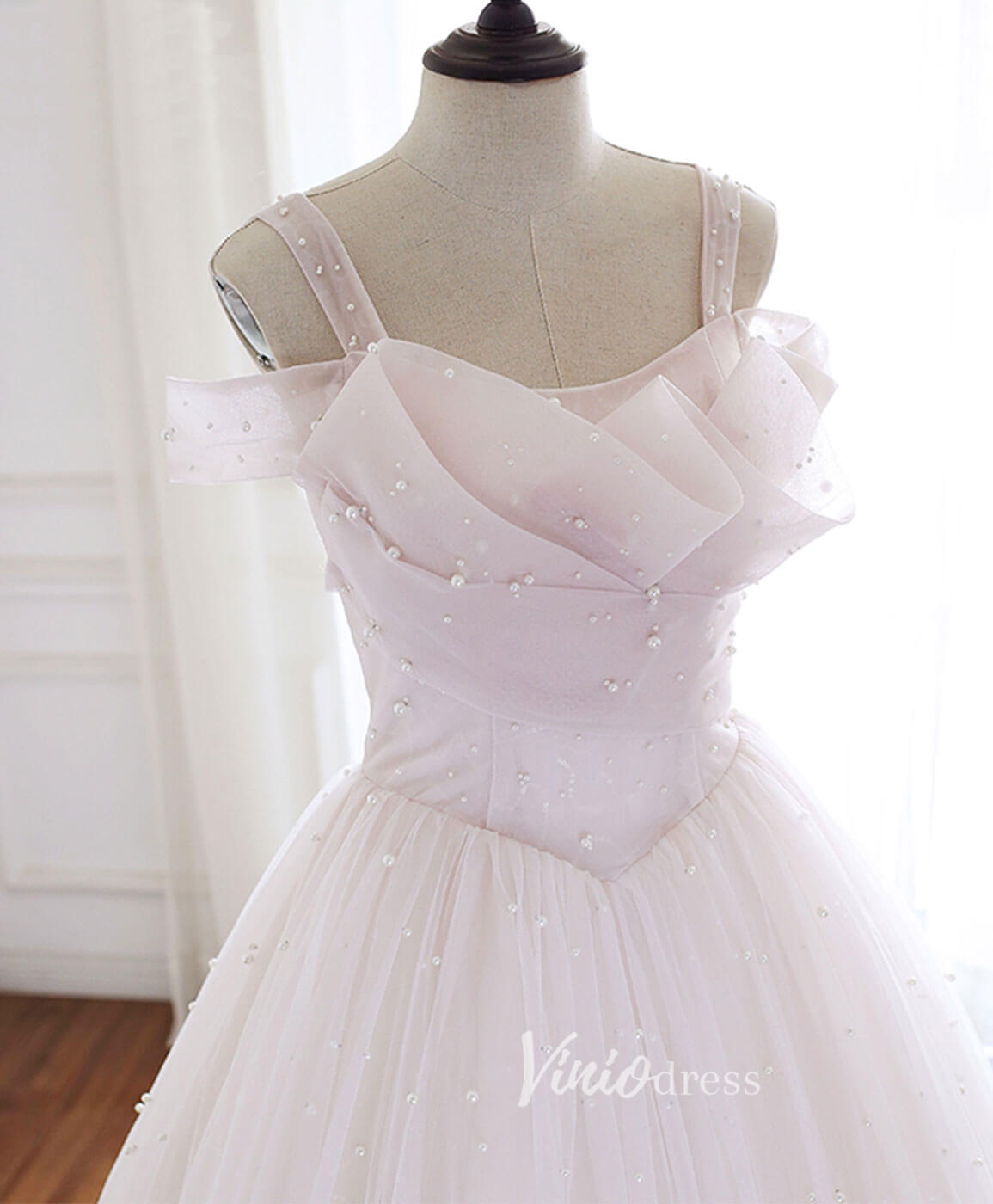 Pale Mauve Tulle Ball Gown Prom Dress with Pearls, Corset Back FD3157-prom dresses 2025 -Viniodress-Mauve-Custom Size-