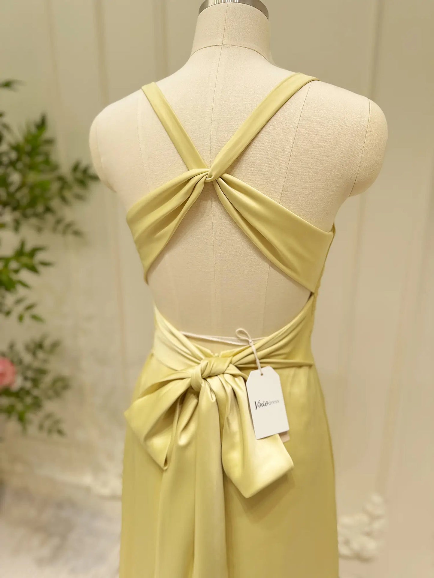 Pastel Yellow Satin Prom Dresses V-neck Evening Dress Open Back FD6001-prom dresses 2025 -Viniodress-Yellow-Custom Size-