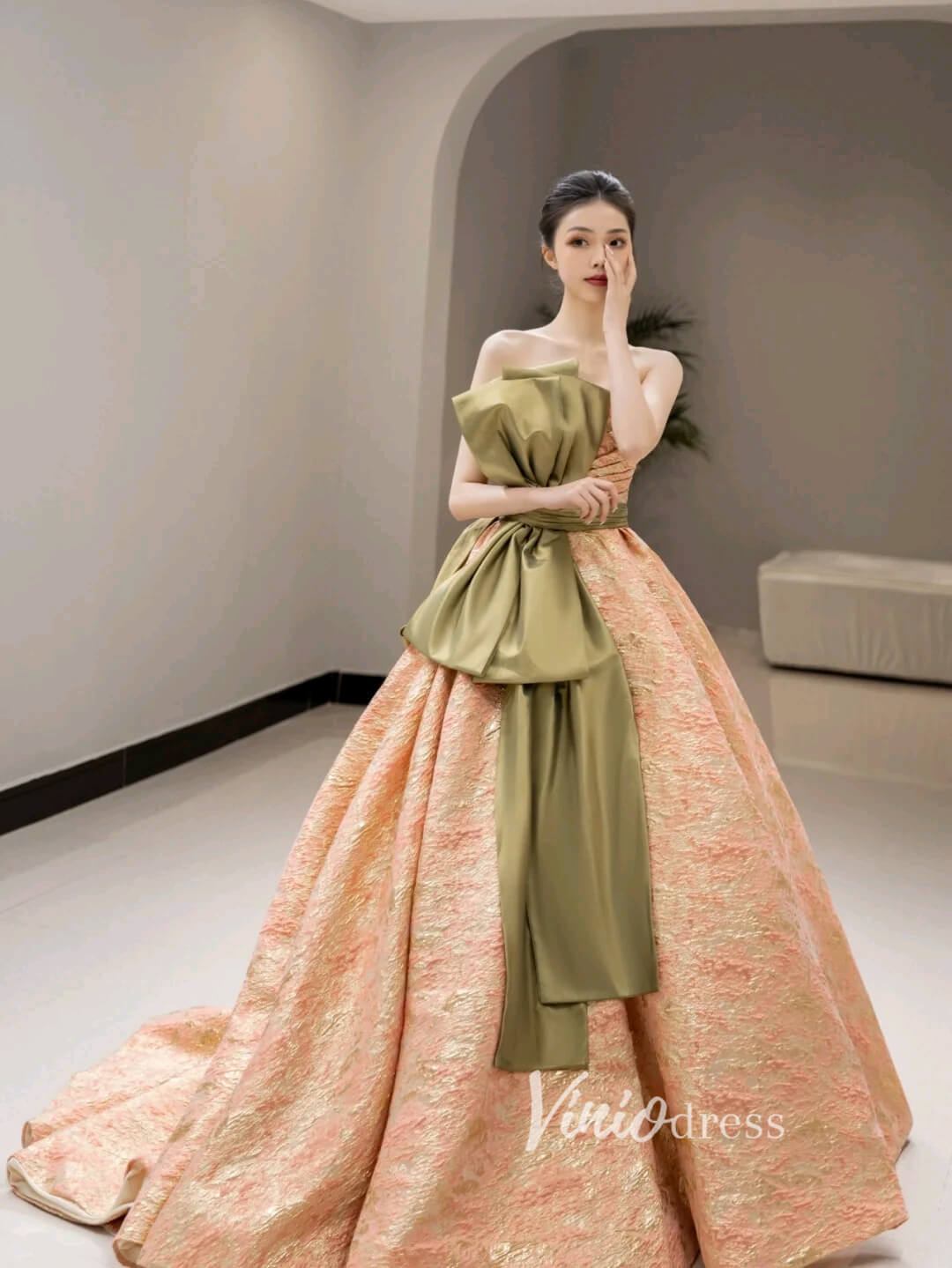 Peach Jacquard Satin Prom Dresses Strapless Bow-Tie Quinceanera Dress –  Viniodress