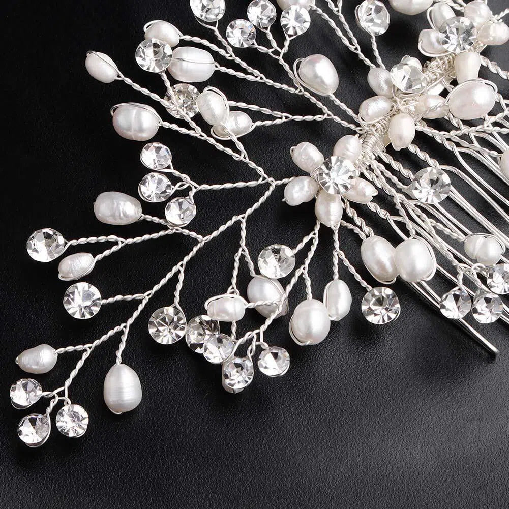 Pearl and Crystal Spray Bridal Comb AC1080-Headpieces 2025 -Viniodress-Silver-