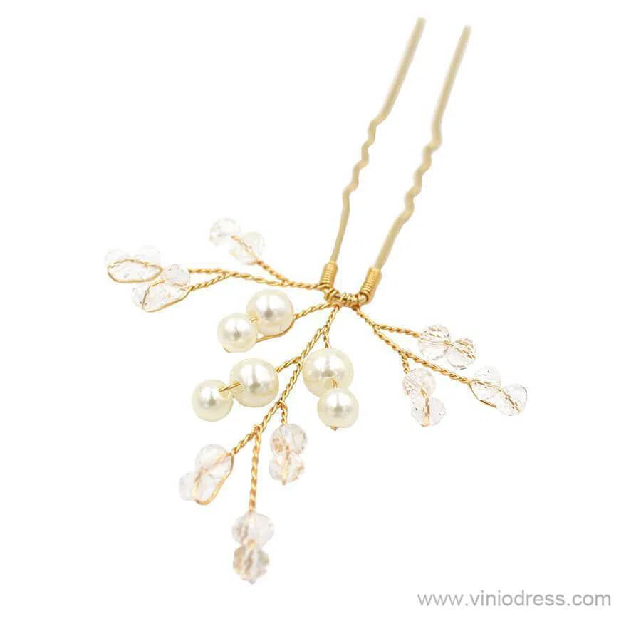 Pearl and Crystal Sprig Gold Hairpins Set ACC1136-Headpieces 2025 -Viniodress-Hairpins-