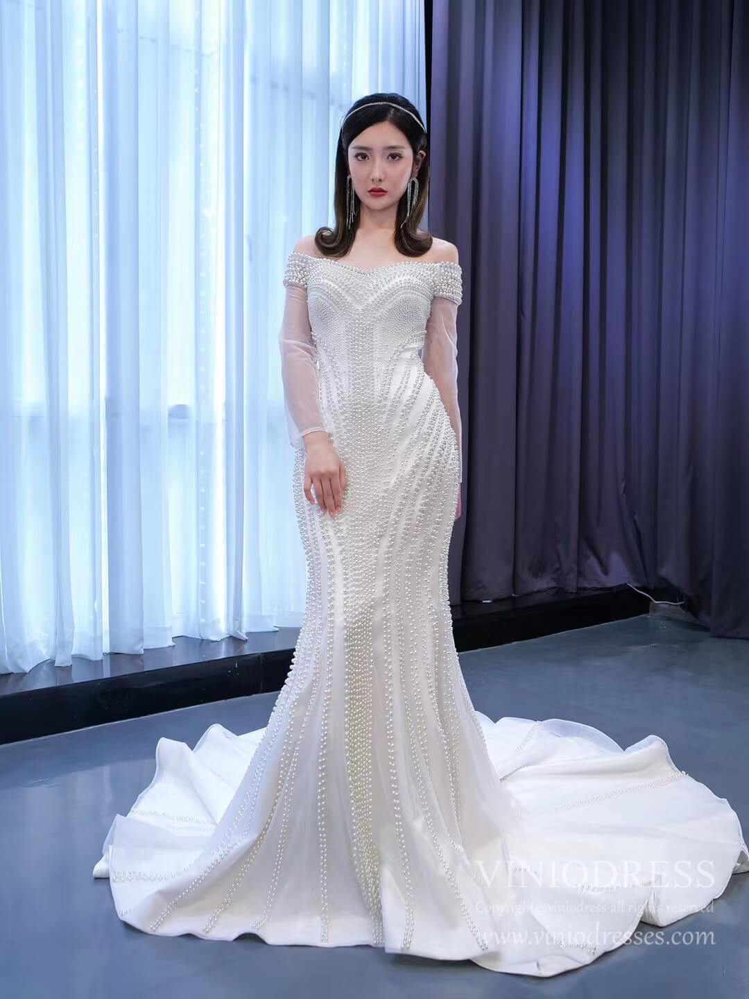 Pearl Beaded Mermaid Wedding Dresses with Long Sleeves Viniodress 6731 Pearl Beaded Mermaid Wedding Dresses with Long Sleeves Viniodress 6731