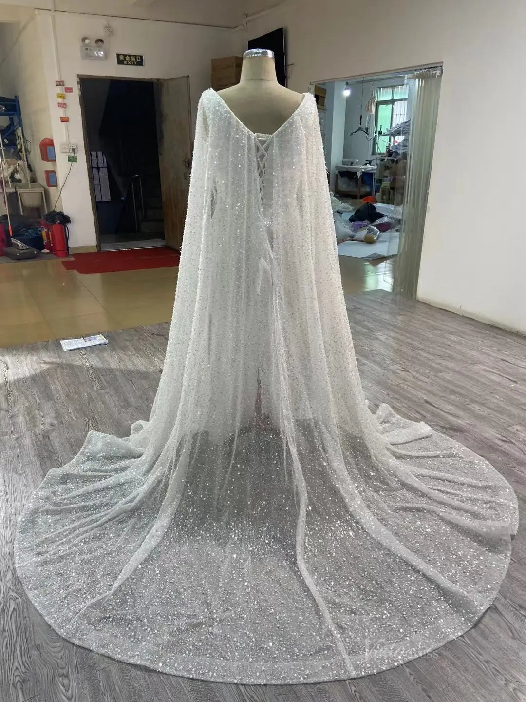 Pearl Feather Sheath Wedding Dresses with Cape 67305-wedding dresses 2025 -Viniodress-Champagne-Custom Size-