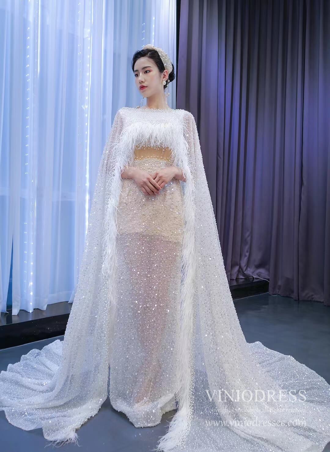 Pearl Feather Sheath Wedding Dresses with Cape 67305 – Viniodress