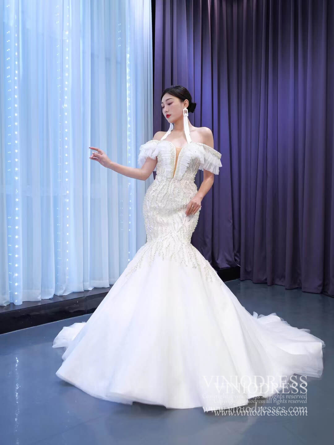 chinese dress ladies Pearl Mermaid Wedding Dresses Off the Shoulder Trumpet Bridal Gown 674 –  Viniodress