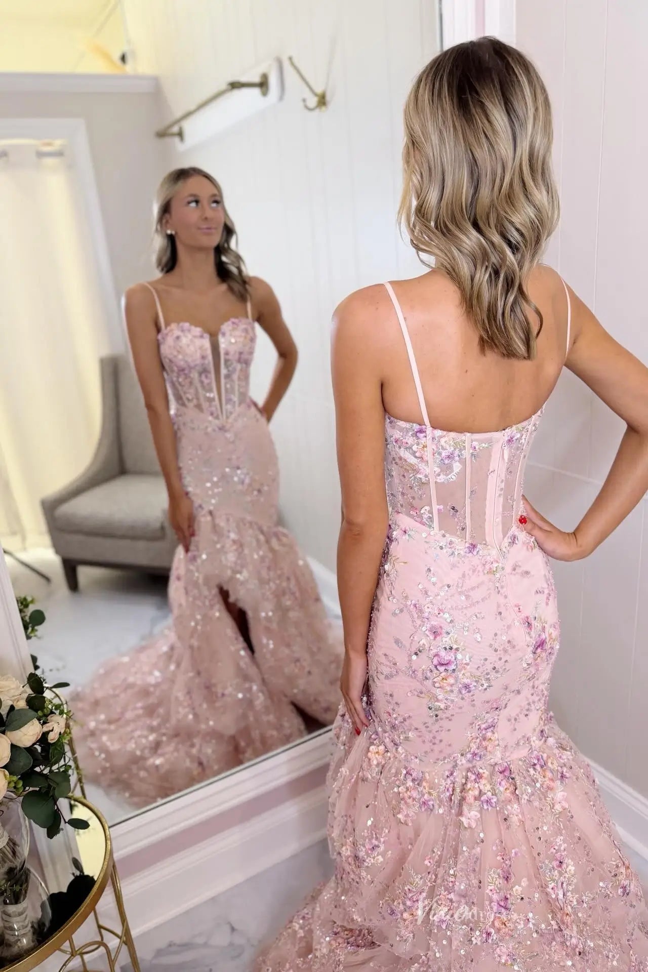 Pink 3D Floral Appliqué Prom Dress with Sheer Plunge Bodice, Glitter Mermaid Skirt & Slit – RF092-prom dresses 2026-Viniodress-Pink-Custom Size-