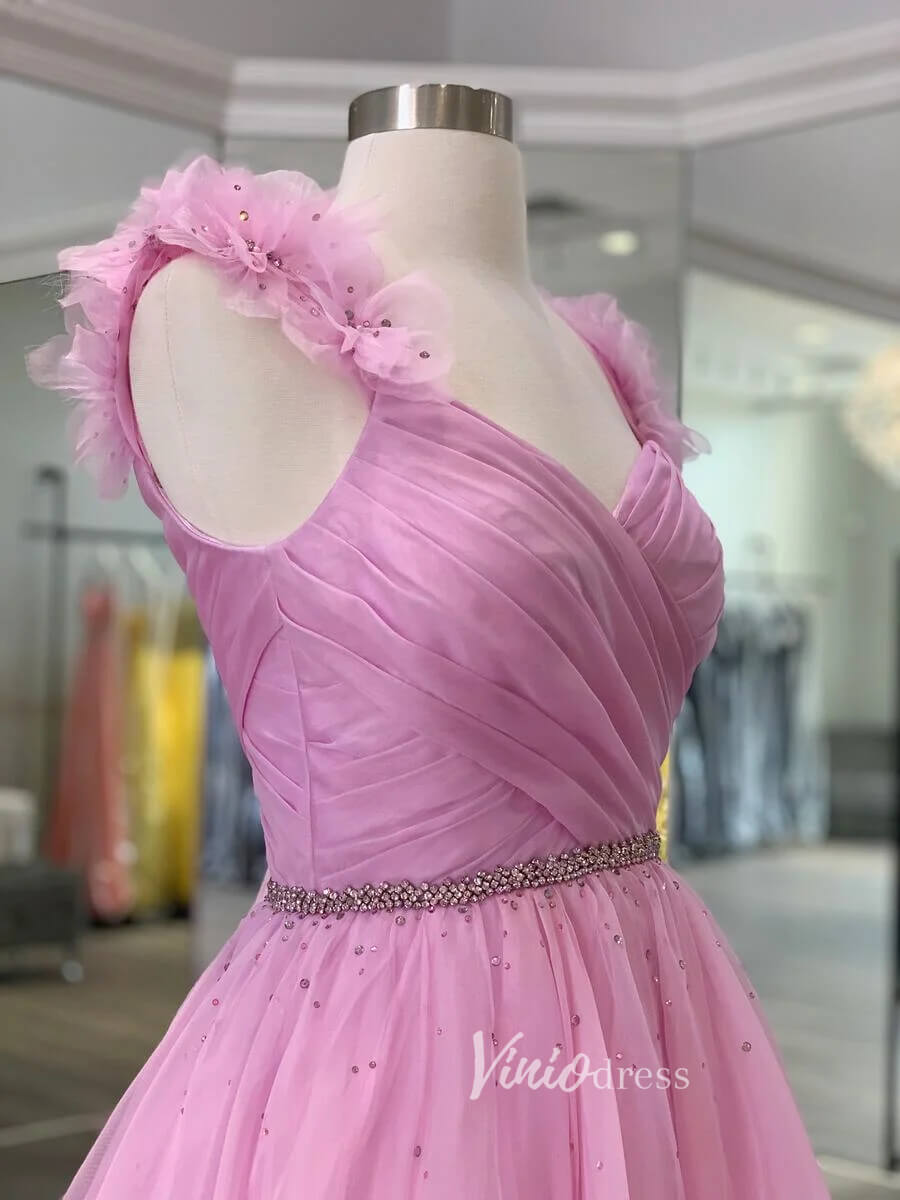 Pink 3D Flower Prom Dresses Pleated A-Line Evening Dress FD3104-prom dresses 2025 -Viniodress-Pink-Custom Size-