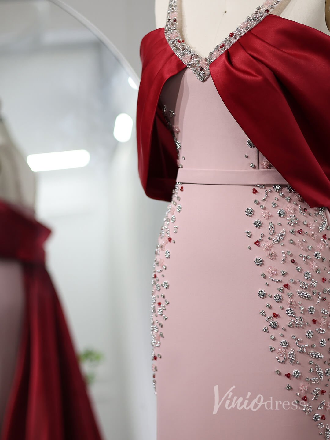 Pink and Red Sheath Beaded Prom Dresses Wide Strap Satin Train AD1190-Evening Dresses 2025 -Viniodress-Pink-US 2-