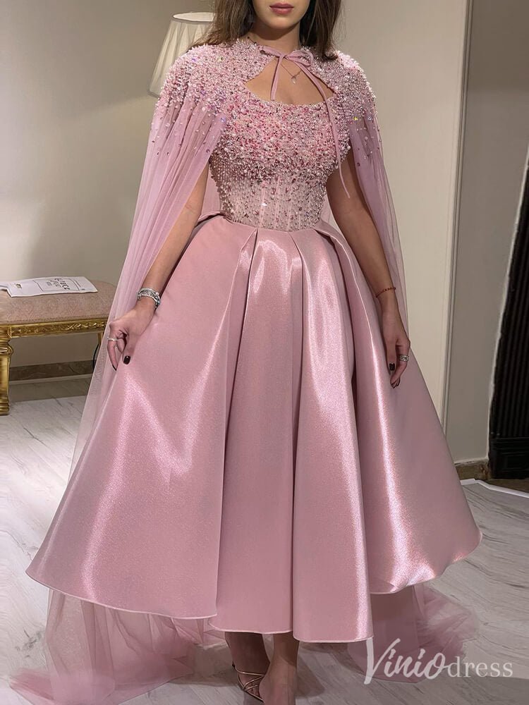 Pink Beaded Cape Sleeve Prom Dresses Knee Length Satin Pageant Dress 20237-Evening Dresses 2025 -Viniodress-Pink-US 2-
