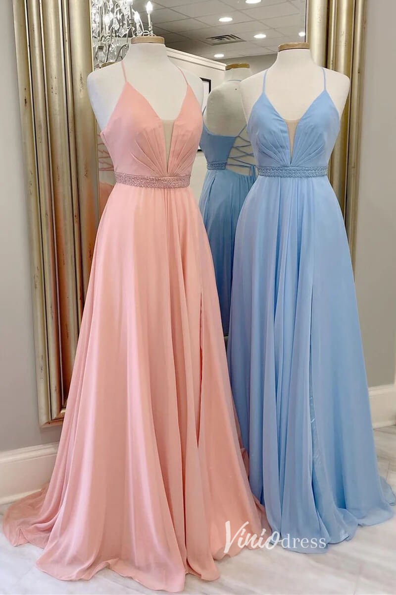 Pink Chiffon Prom Dresses Plunging V-Neck Formal Dress FD3257-prom dresses 2025 -Viniodress-Pink-Custom Size-