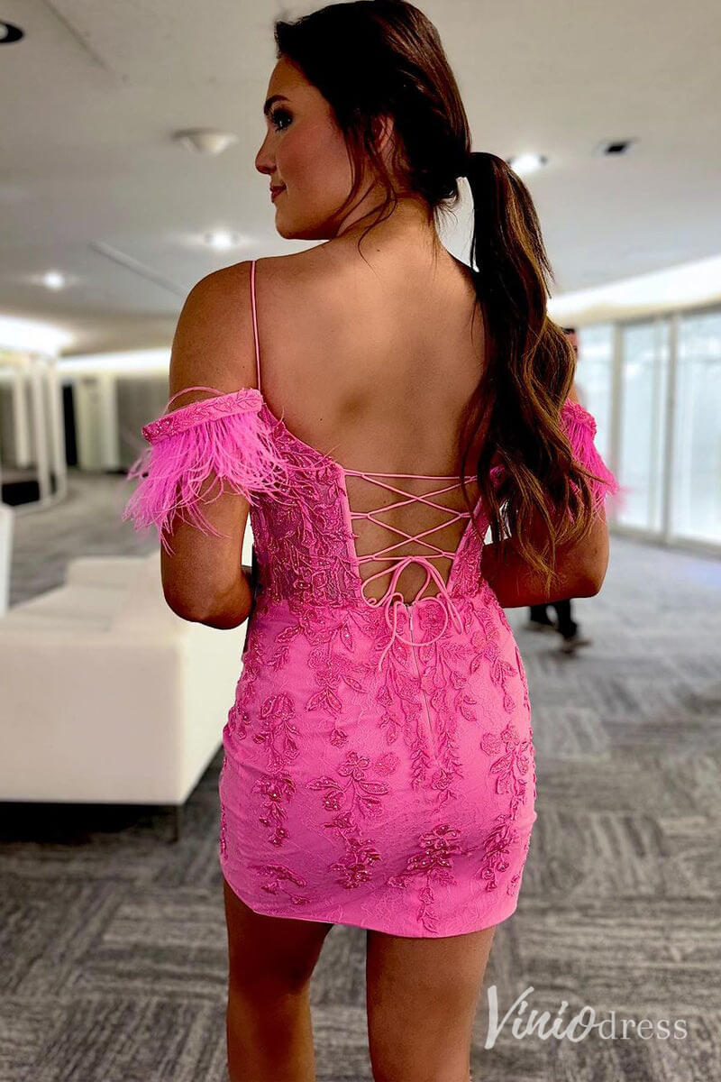 Pink Detachable Off-the-Shoulder Feathers Homecoming Dresses Sexy Fitted Lace Bodycon Dress SD1661-Homecoming Dresses 2025 -Viniodress-Pink-Custom Size-