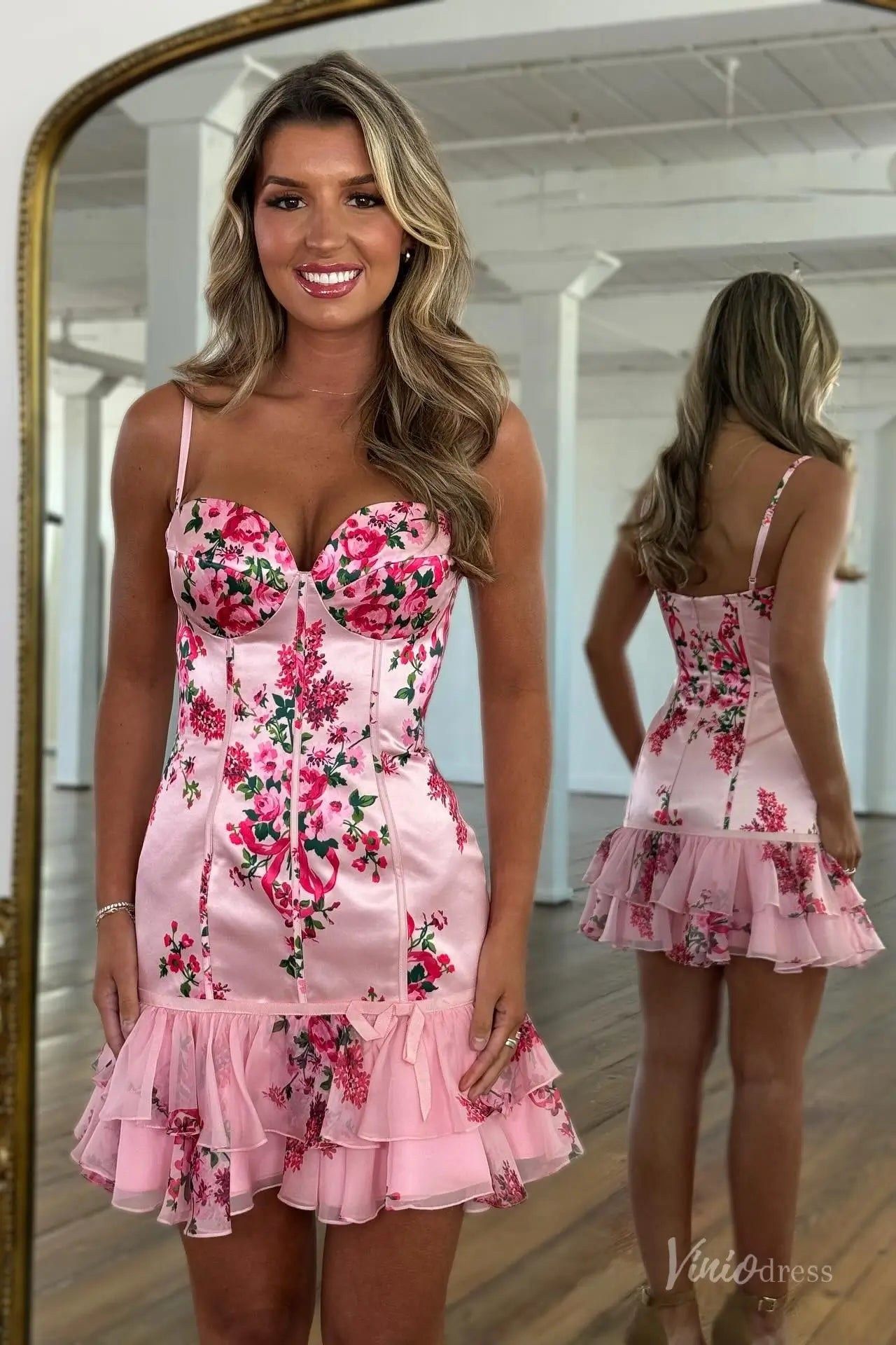 Pink Floral Bodycon Homecoming Dress with Spaghetti Straps, Sweetheart Neck, Ruffled Hem – H1188-prom dresses 2025 -Viniodress-Pink-Custom Size-