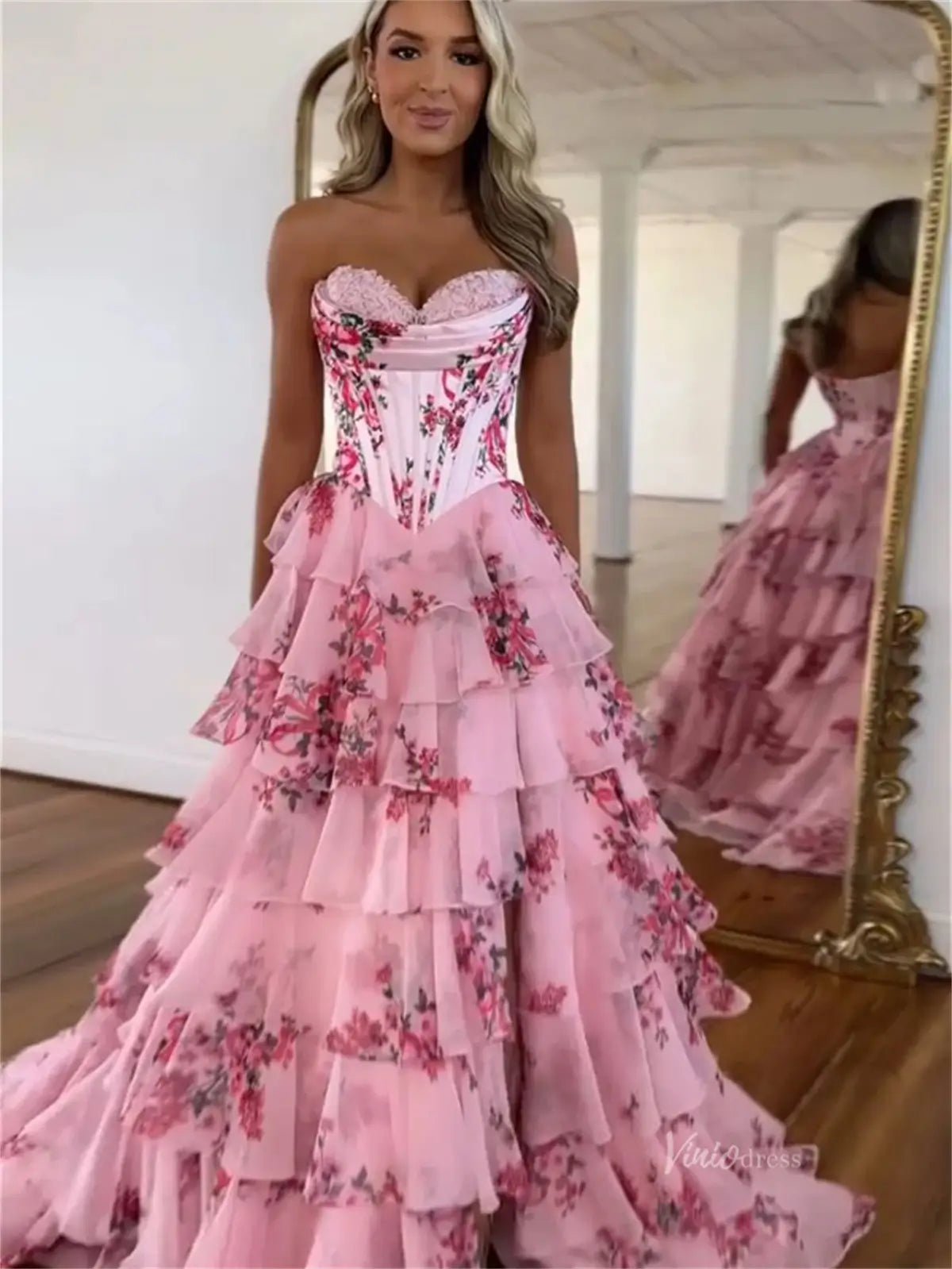 Pink Floral Chiffon Tiered Prom Dress with Slit & Sweetheart Neckline   Viniodress