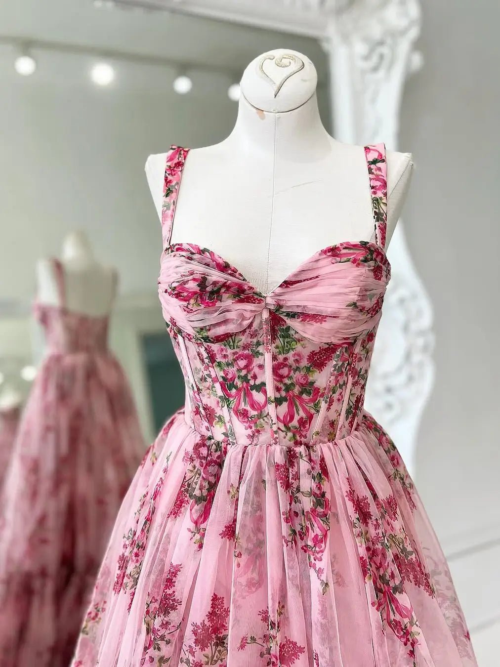 Pink Floral Print Prom Dress with Pleated Tulle, Sweetheart Neckline & Straps - FD6070-prom dresses 2025 -Viniodress-Pink-Custom Size-