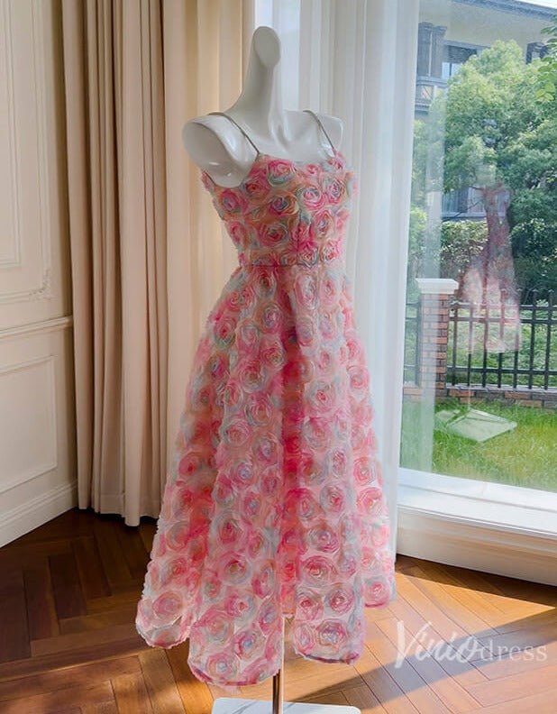 Pink Floral Print Prom Dresses Spaghetti Strap Rosette Dress FD4031-prom dresses 2025 -Viniodress-Pink-Custom Size-