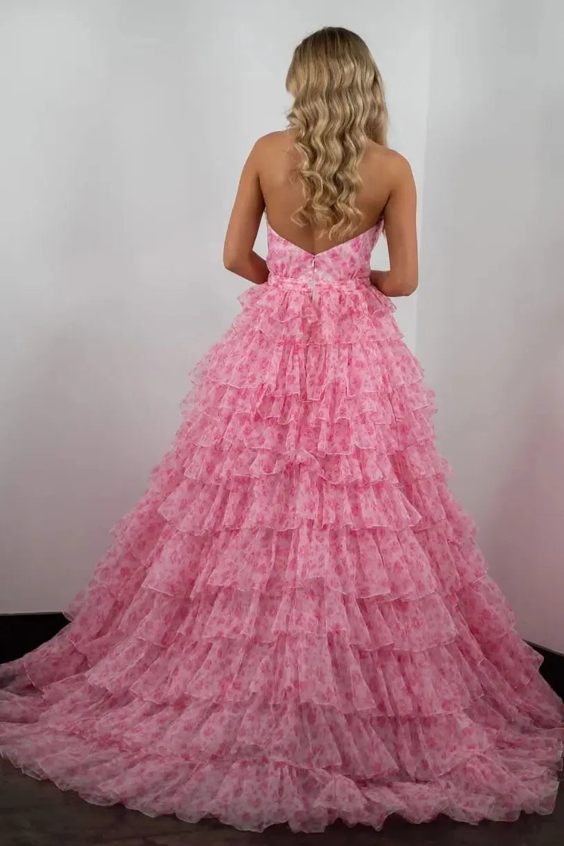 Pink Floral Print Tiered Ruffle Ball Gown Prom Dress with Plunging V Neck & Halter Straps – RFH02-prom dresses 2026-Viniodress-Pink-Custom Size – Add Measurements in Cart-