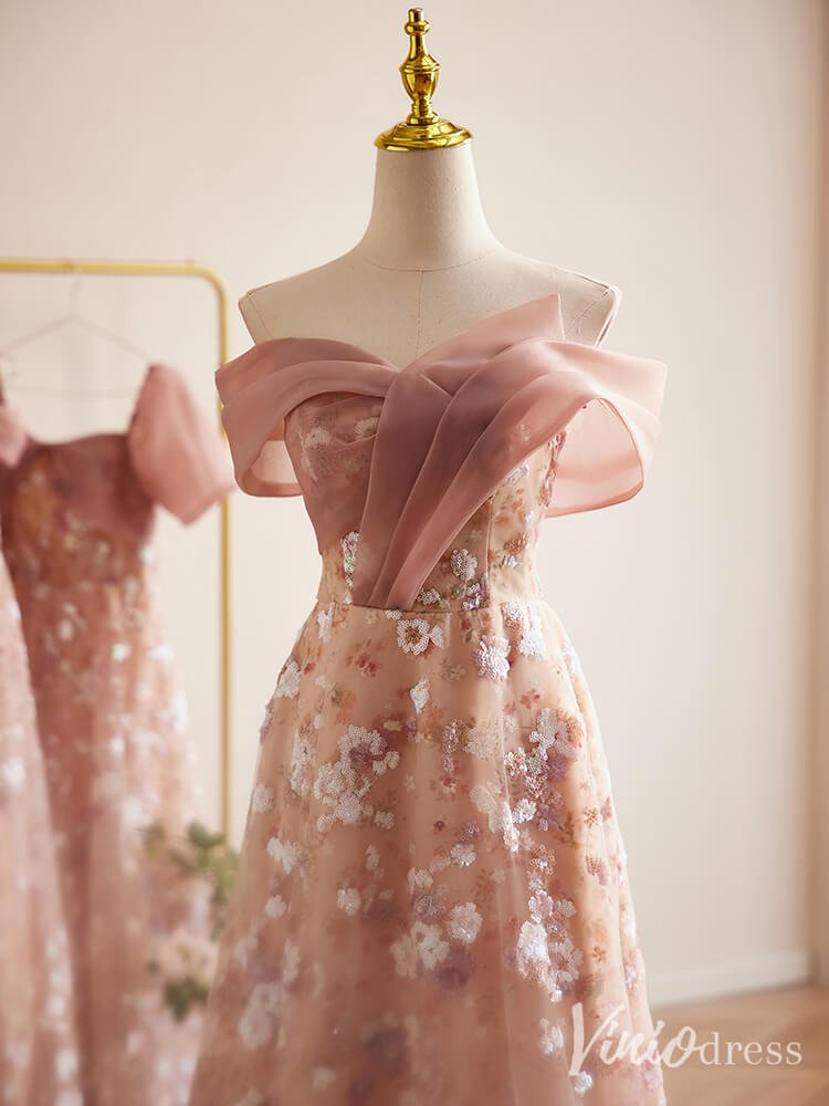 Pink Floral Sequin Lace Maxi Dress Off the Shoulder Short Prom Dresses 90074-prom dresses 2025 -Viniodress-Pink-Custom Size-