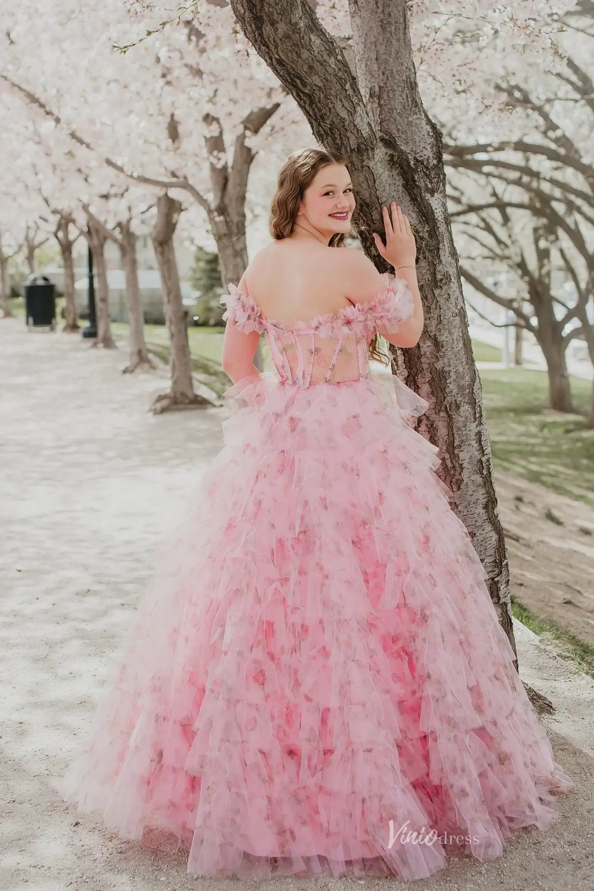Pink Floral Tiered Ruffle Tulle Prom Dress RF034 Viniodress Pink Floral Tiered Ruffle Tulle Prom Dress RF034 Viniodress
