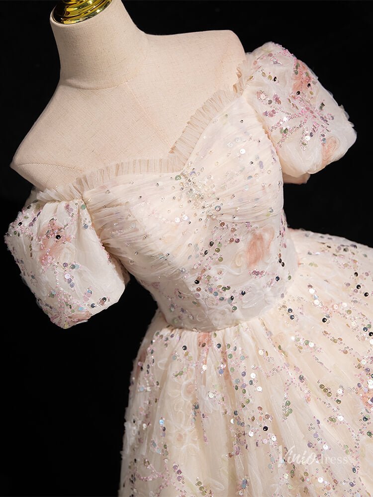 Pink Flroal Lace Prom Dresses Puffed Sleeve Quinceanera Dresses Off the Shoulder BG051-prom dresses 2025 -Viniodress-Blush Pink-Custom Size-