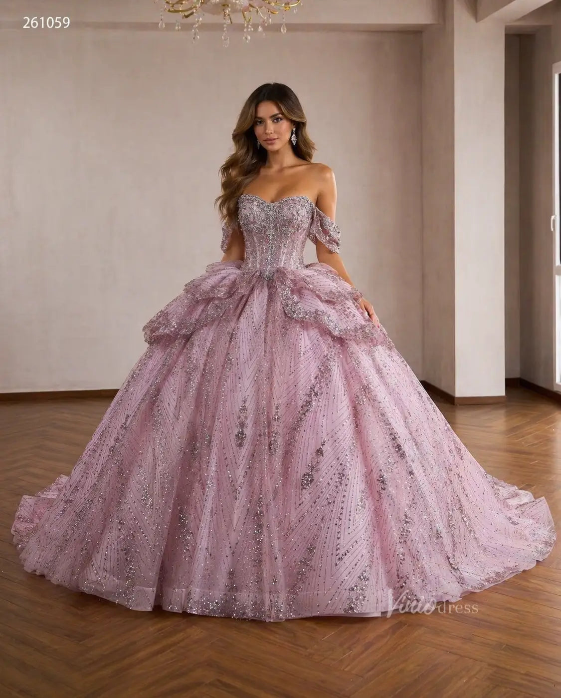 Pink Glitter Chevron Quinceaera Dress with Beaded Corset Viniodress Pink Glitter Chevron Quinceaera Dress with Beaded Corset Viniodress