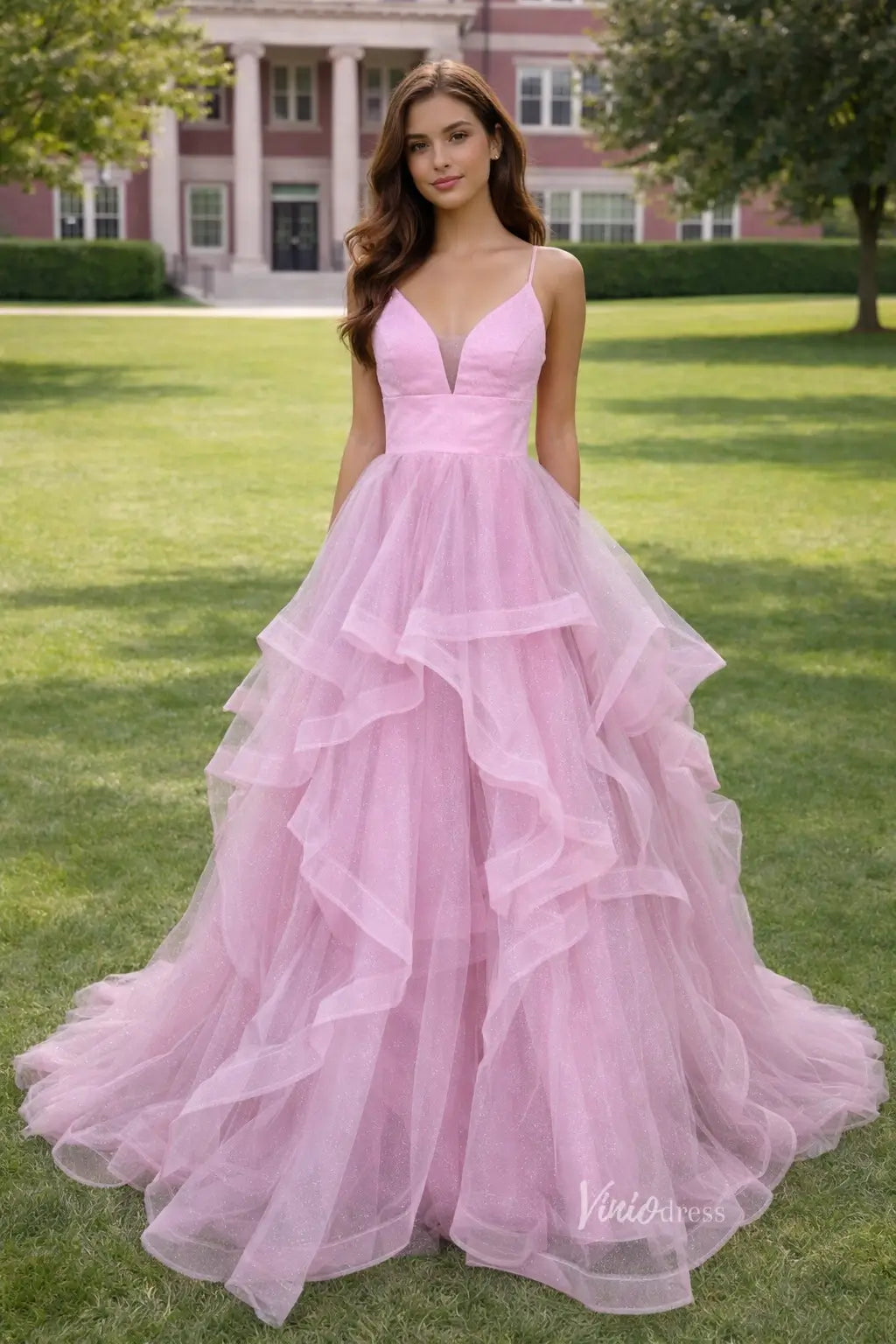 Pink Glitter Tulle Prom Dress with Tiered Ruffle Skirt Viniodress Pink Glitter Tulle Prom Dress with Tiered Ruffle Skirt Viniodress