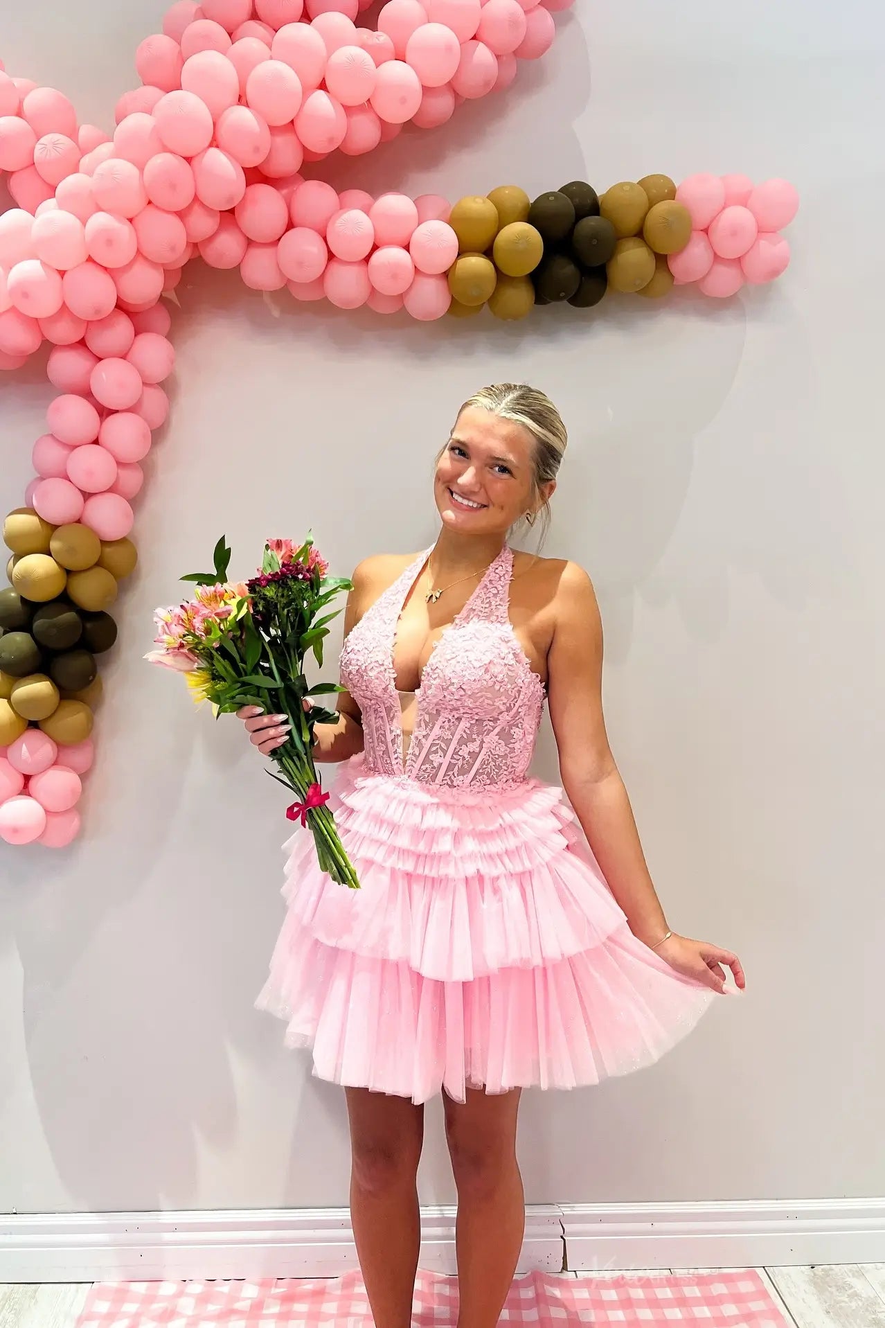 Pink Halter Lace Appliqu Homecoming Dress with Tiered Ruffle Skirt HR001 Viniodress Pink Halter Lace Appliqu Homecoming Dress with Tiered Ruffle Skirt HR001 Viniodress