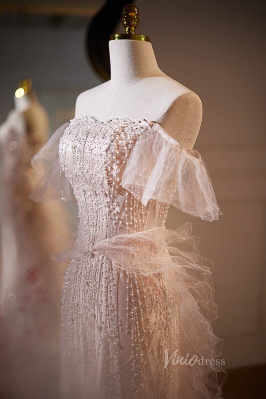 Pink Mermaid Beaded Prom Dresses Off the Shoulder Evening Dress AD1109-prom dresses 2025 -Viniodress-Pink-Custom Size-