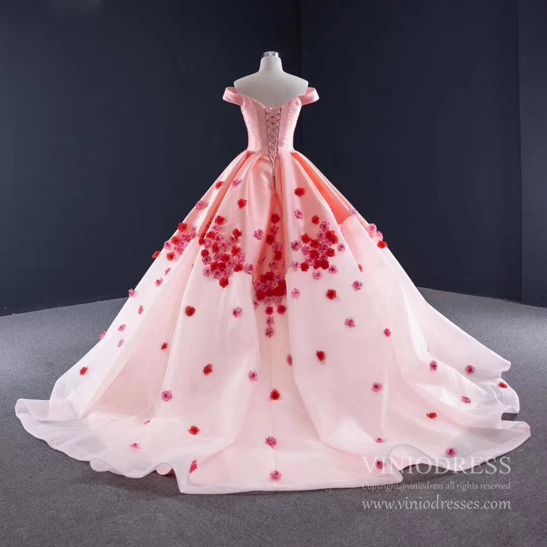 Pink Ombre Ball Gown Quince Dresses Red 3D Flower, Off the Shoulder Princess Dress FD1142-prom dresses 2025 -Viniodress-Pink-US 2-