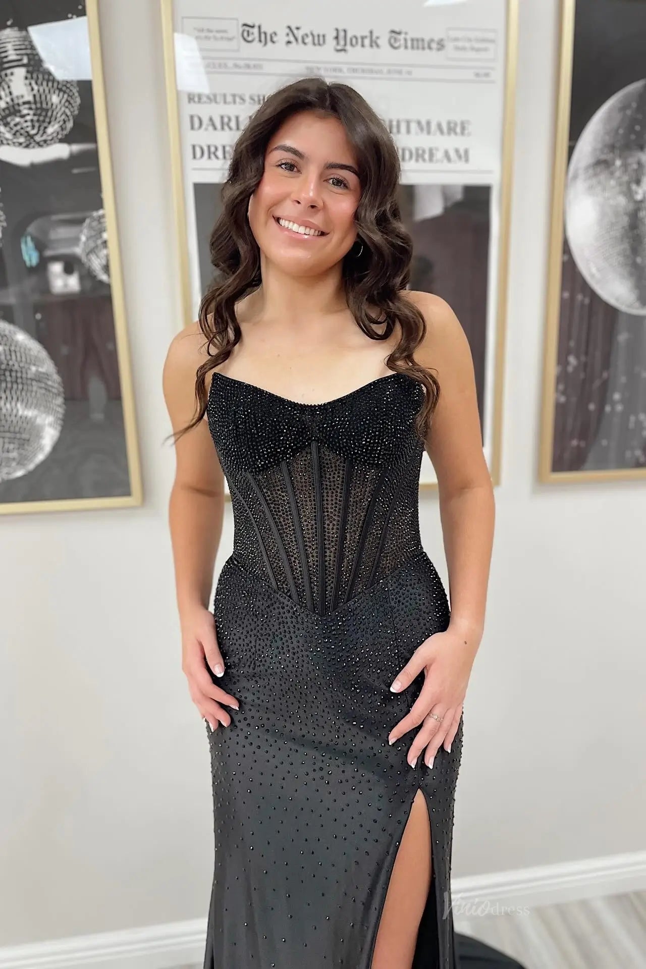 Pink Rhinestone Mermaid Prom Dress with Strapless Sweetheart Corset, Sheer Boning & High Slit – SS163-Prom Dresses 2026-Viniodress-Black-Custom Size – Add Measurements in Cart-