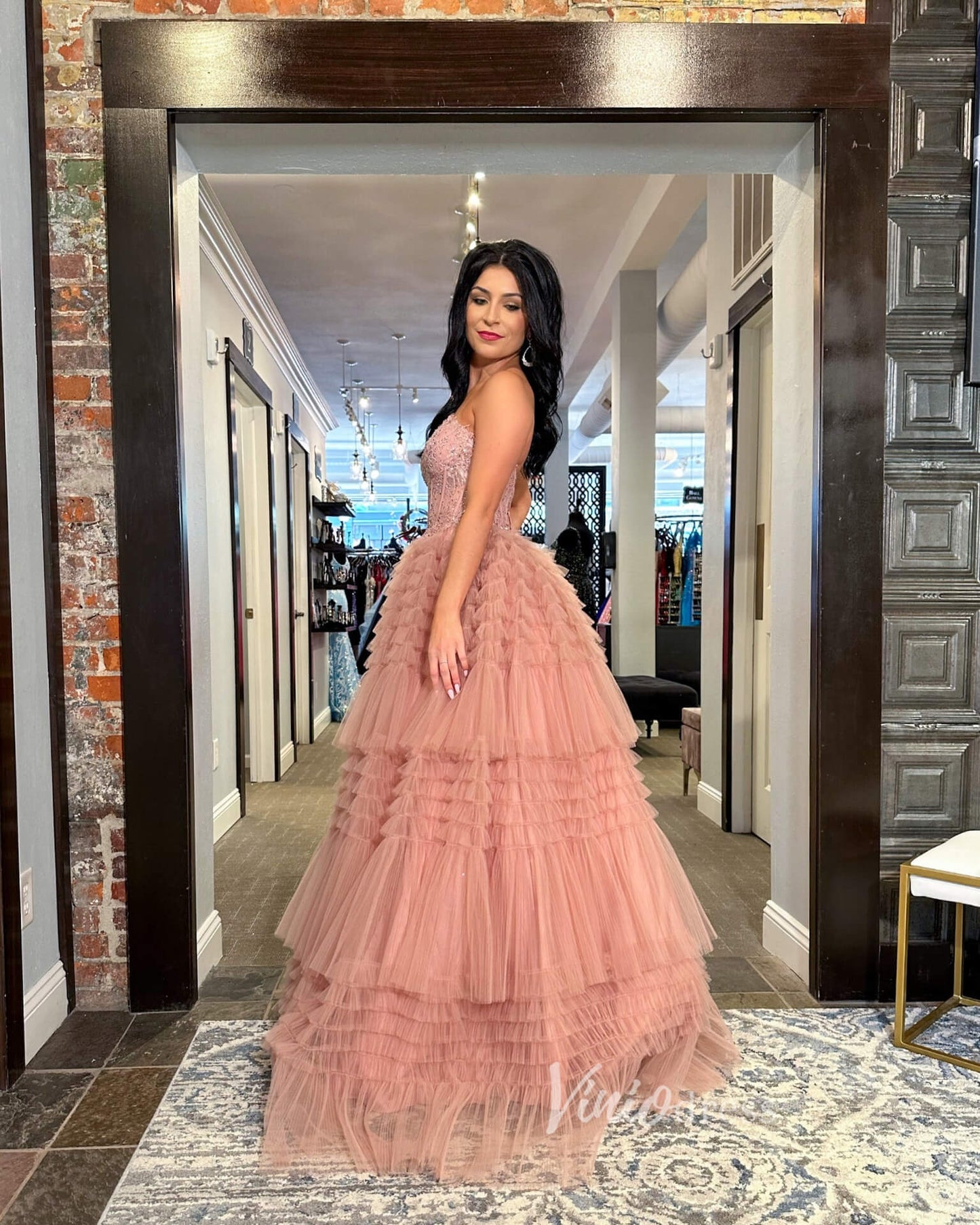 Pink Ruffle Strapless Prom Dresses Lace Applique Ball Gown FD3619-prom dresses 2025 -Viniodress-Pink-Custom Size-