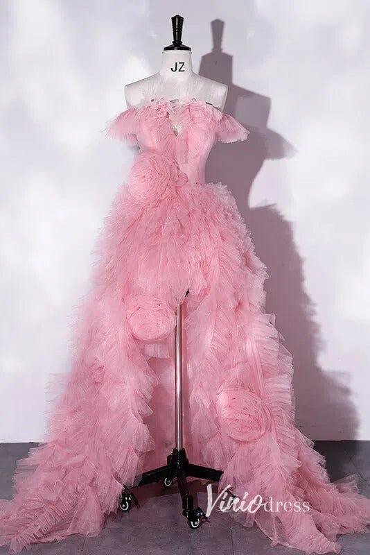 Pink Ruffled Off the Shoulder Prom Dresses with High Slit AD1007 –  Viniodress