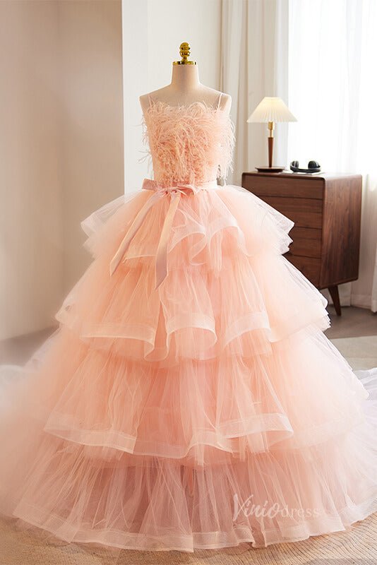 quince dresses pink Pink Ruffled Quinceanera Dresses with Feathers Spaghetti Strap Ball Go – Viniodress
