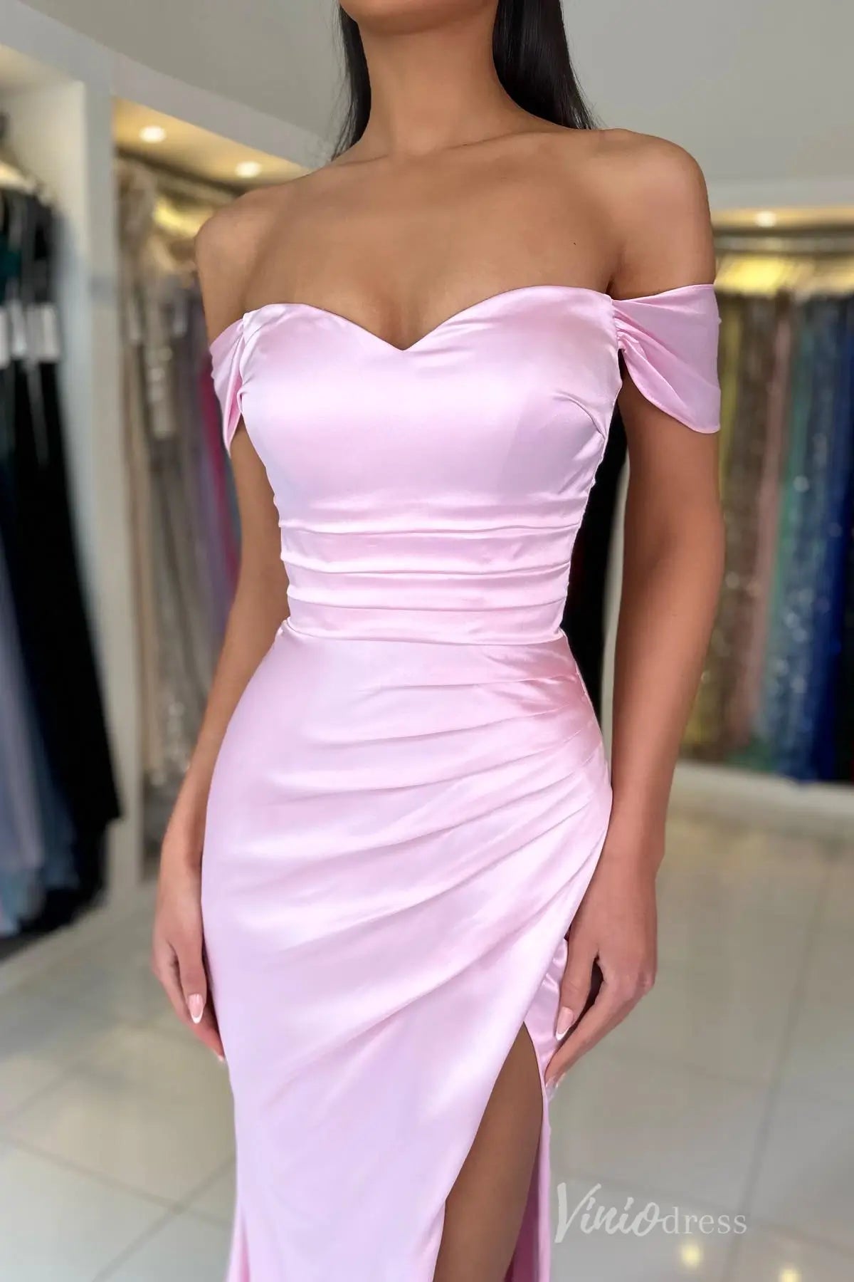 Pink Satin Off-Shoulder Prom Dress with Ruched Waist, High Slit, Sweetheart Neck – SS015-prom dresses 2025 -Viniodress-Pink-Custom Size-