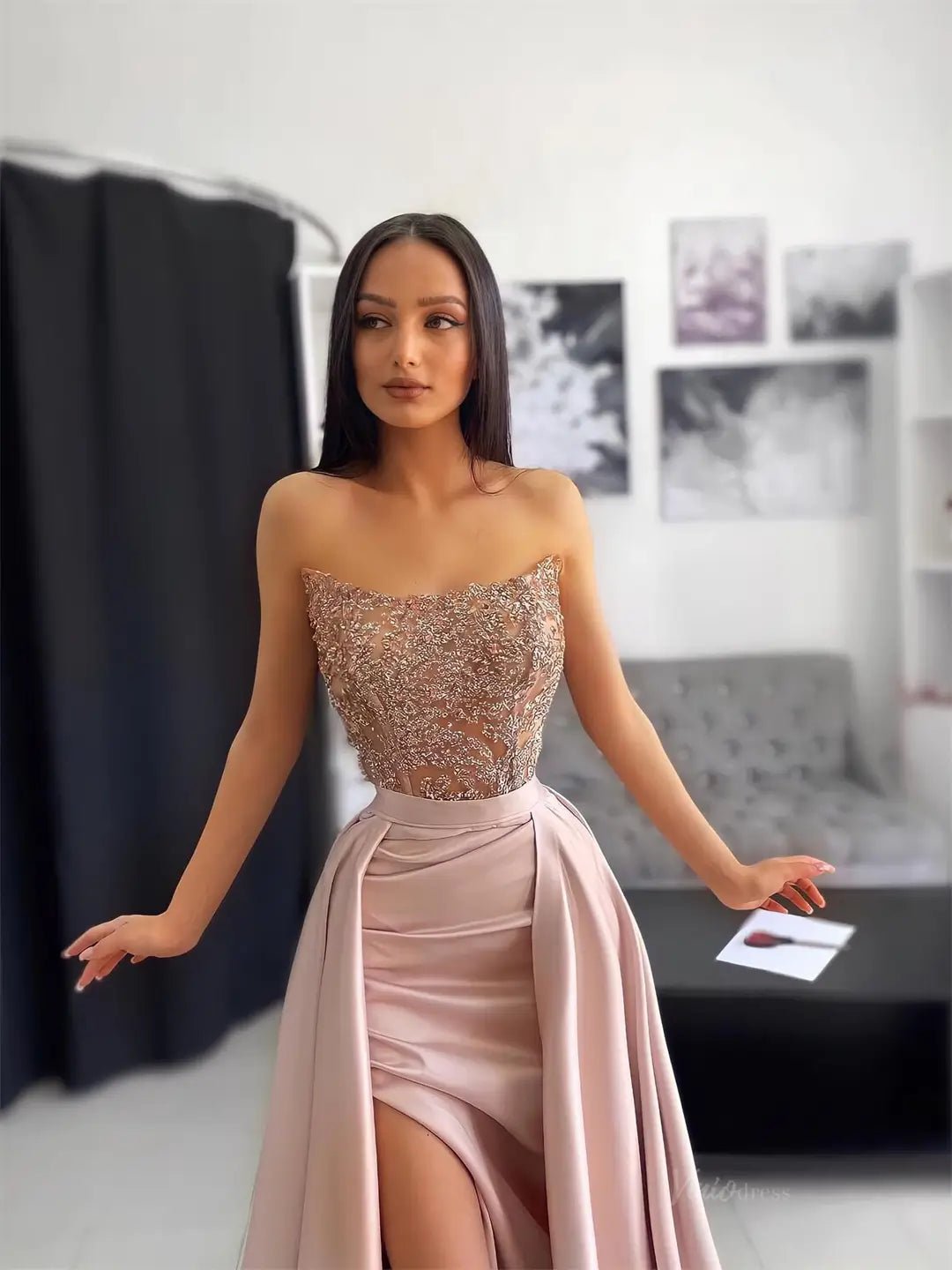 Pink Satin Prom Dresses 2025 Strapless Beaded Lace Formal Gown with High Slit & Overskirt FD5254-prom dresses 2025 -Viniodress-Pink-Custom Size-