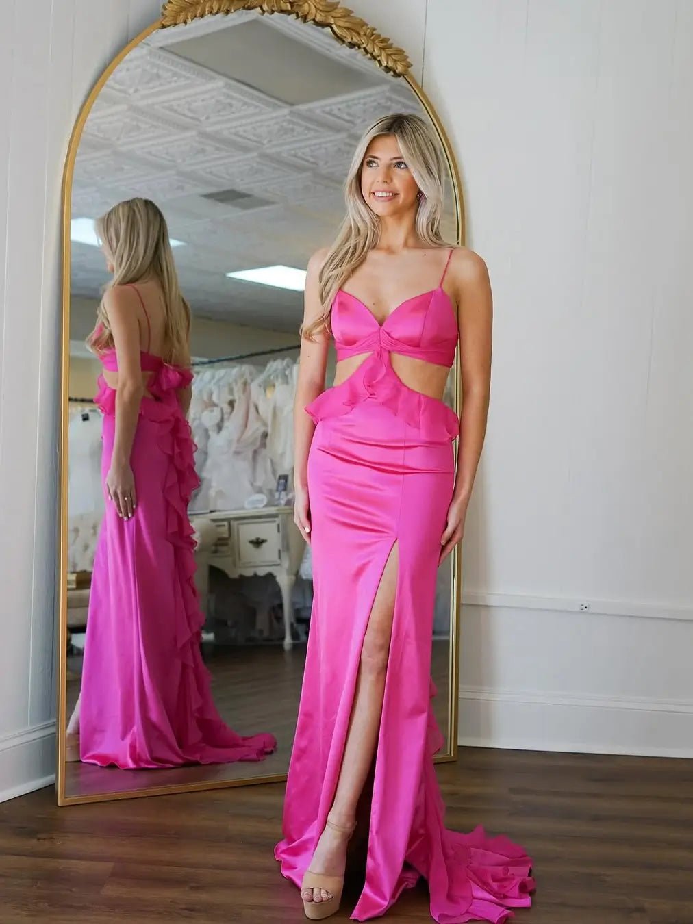 Pink Satin Ruffle Sheath Prom Dress with Slit & Spaghetti Strap – Style FD6066-prom dresses 2025 -Viniodress-Pink-Custom Size-