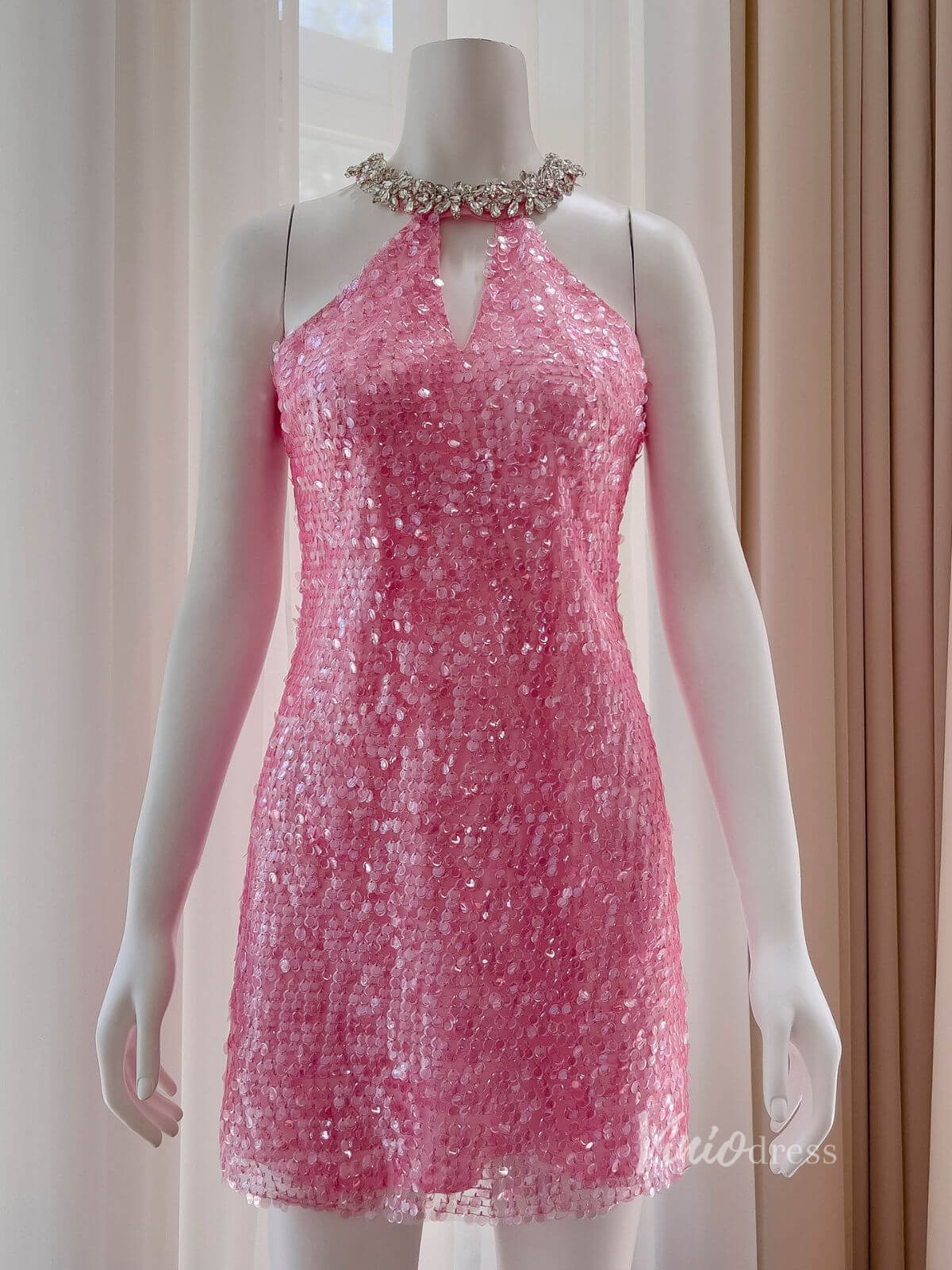 Pink Sequin Beaded Halter Neck Short Prom Dresses Bodycon Dress FD4026-prom dresses 2025 -Viniodress-Pink-Custom Size-