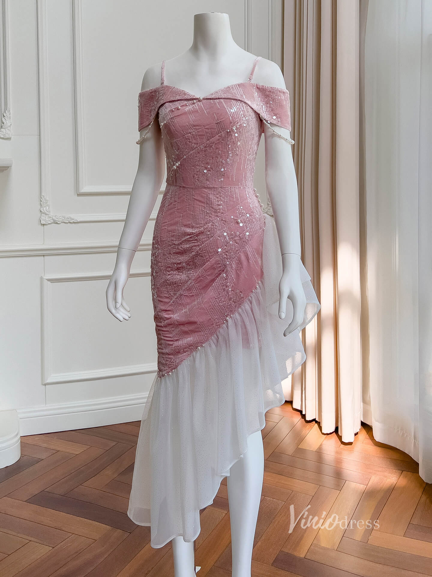 Pink Sequin Lace High Low Prom Dresses Mermaid Off the Shoulder Maxi Dress FD4021-prom dresses 2025 -Viniodress-Pink-Custom Size-