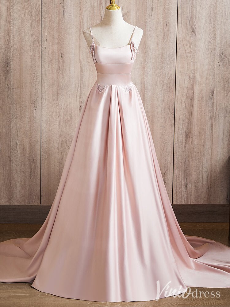 Pink Spaghetti Strap Prom Dresses Smooth Satin Pearl Formal Gown AD137 Viniodress Pink Spaghetti Strap Prom Dresses Smooth Satin Pearl Formal Gown AD137 Viniodress