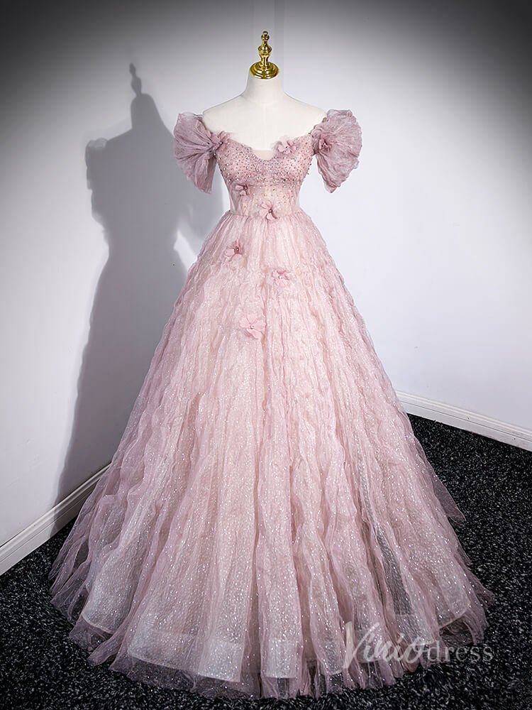 Pink Sparkly Beaded Pleated Tulle Prom Dresses 3D Flower Off the Shoul –  Viniodress