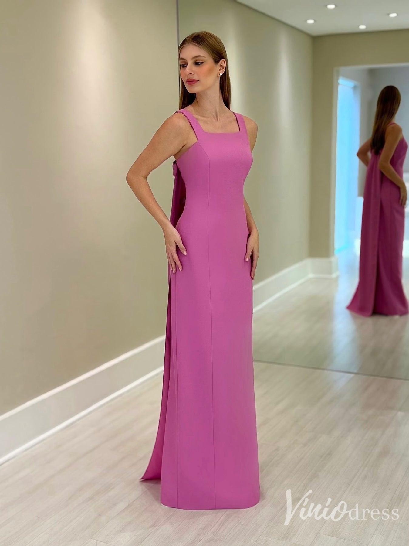 Pink Square Neck Formal Dress Column Gown with Bow Draped Back – FD6134-prom dresses 2025 -Viniodress-Pink-Custom Size-